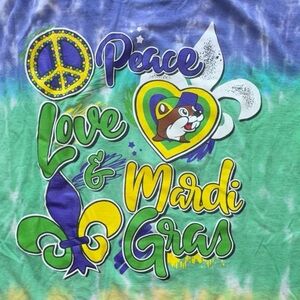 Buc-ee's Size XL “Peace Love & Mardi Gras” Purple-Green-Gold Tie Dye Tee